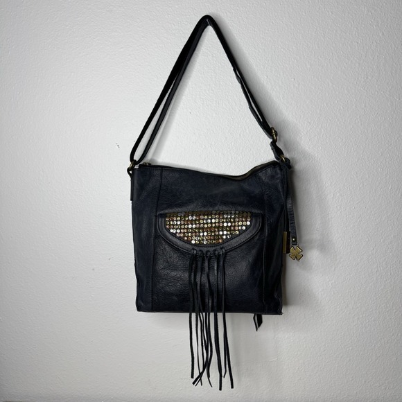 Lucky Brand Handbags - Lucky Brand Navy Blue Leather Crossbody Bag Shoulder Purse‎ Studs and Fringe